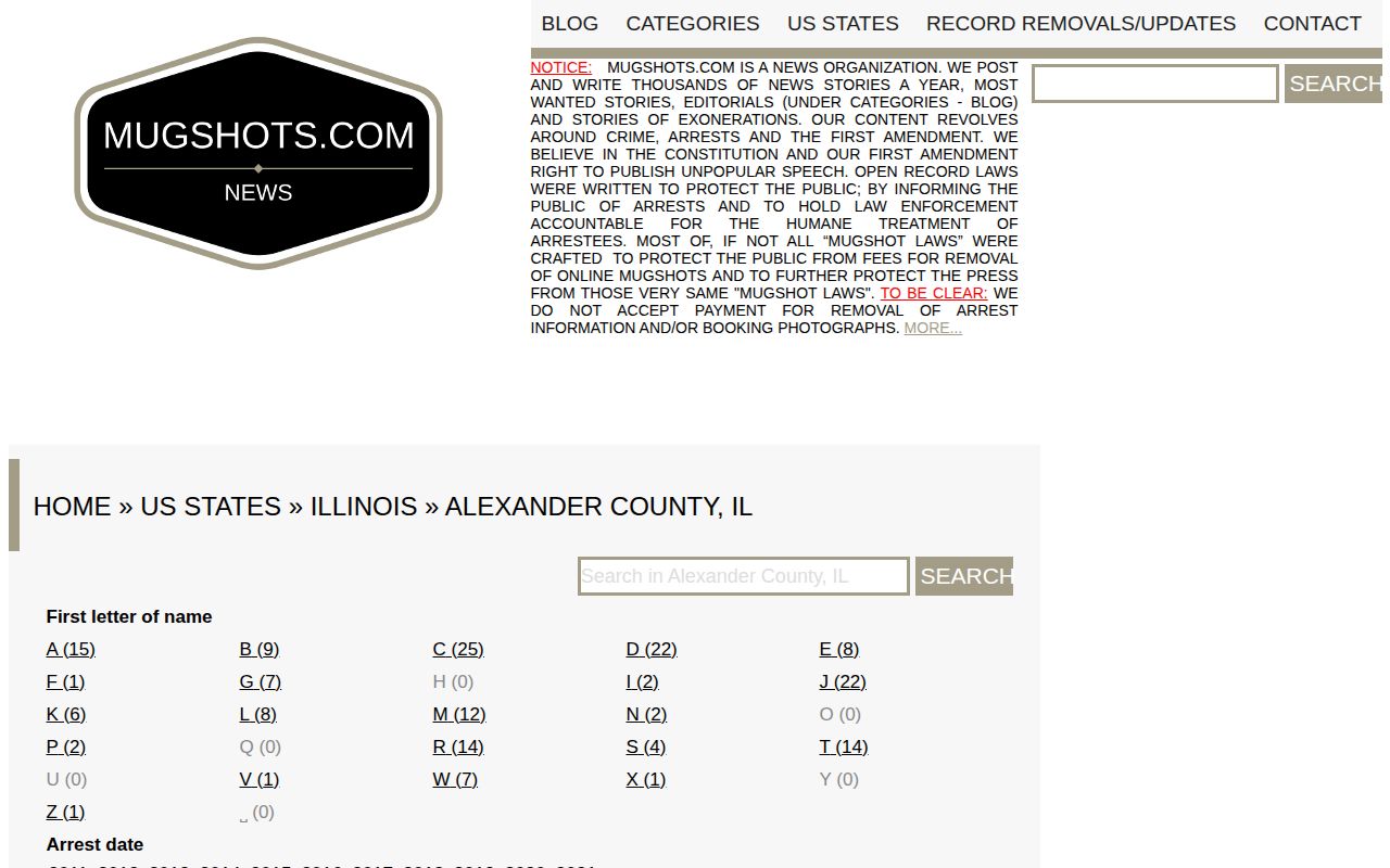 Unofficial Alexander County Illinois arrest index shown with a staleness warning